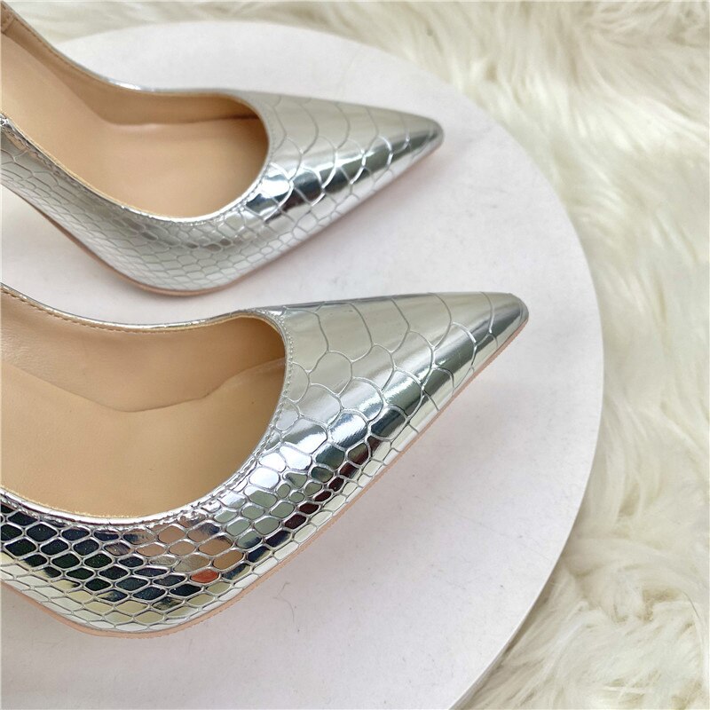 Tikicup Silver Embossed Crocodile Effect Women Sexy Pointy Toe High Heel Party Shoes Bling Shiny Fashion Designer Stiletto Pumps eprolo