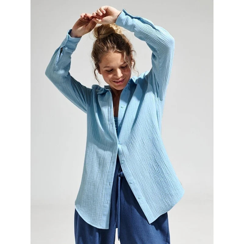 Long sleeved pure cotton crepe shirt loose fitting shirt shawl - House of Cardwell