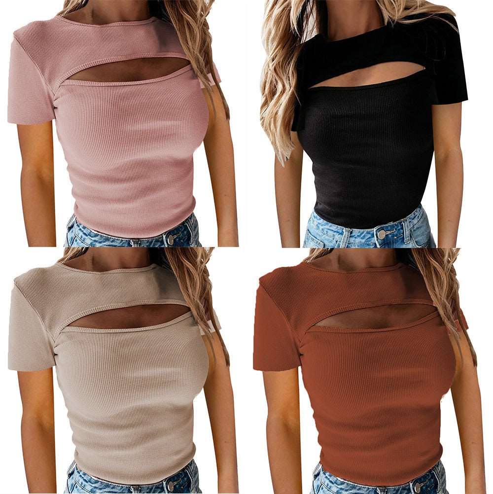Fashionable chest hollow short sleeved ribbed top - House of Cardwell