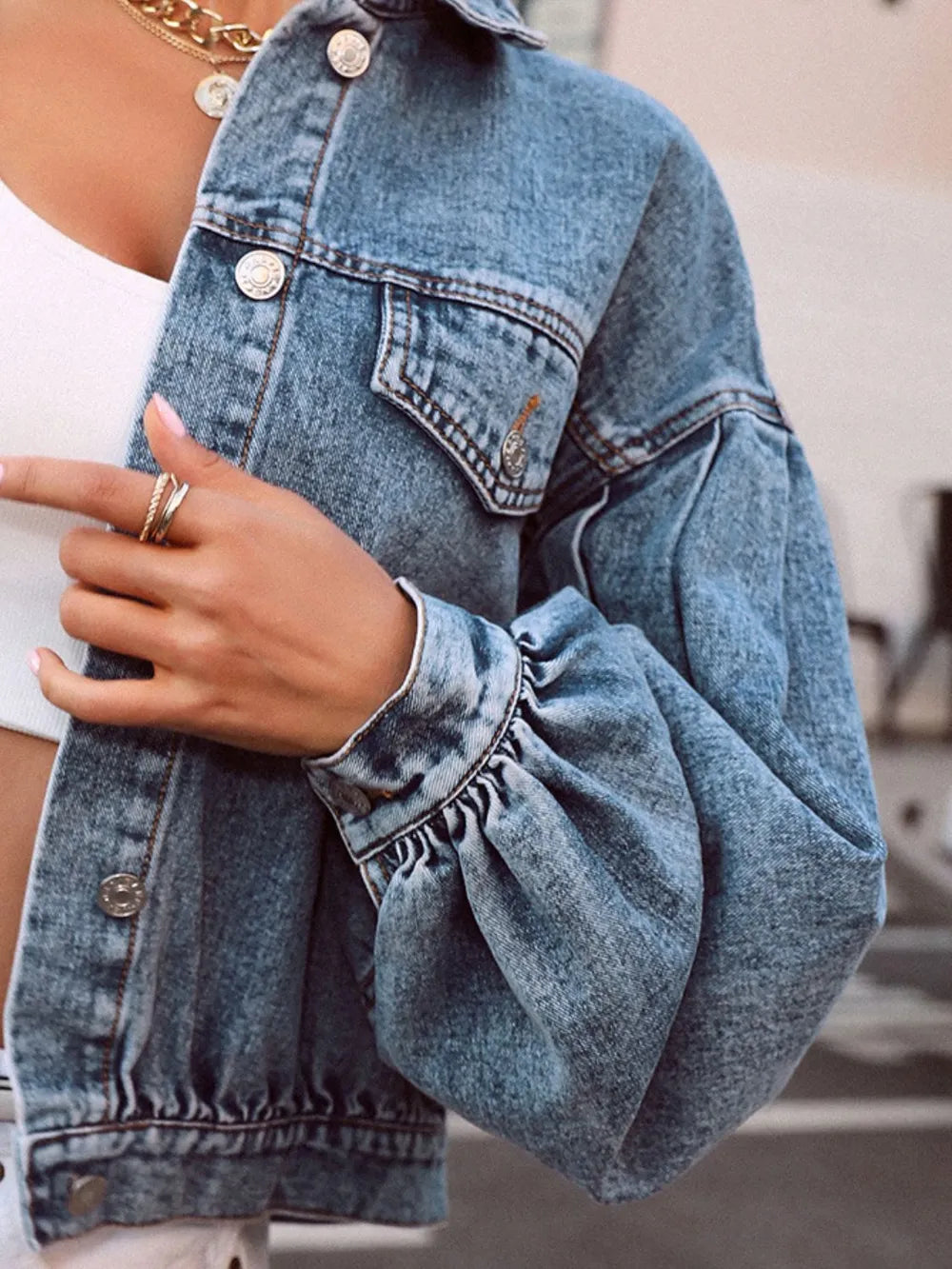 Collared Neck Dropped Shoulder Denim Top eprolo