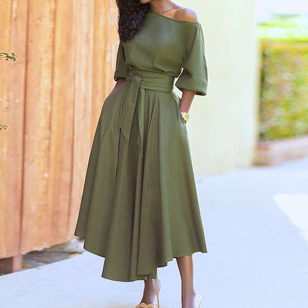Fashionable solid color waistband slimming and sexy diagonal shoulder dress - House of Cardwell