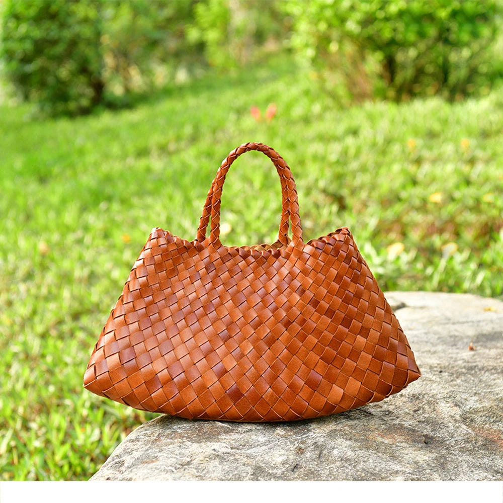 New Genune Leather Weave Hand Bags Tote Top Quality Women Basket Shopping Bags Handle Beach Hobos Handbag - House of Cardwell
