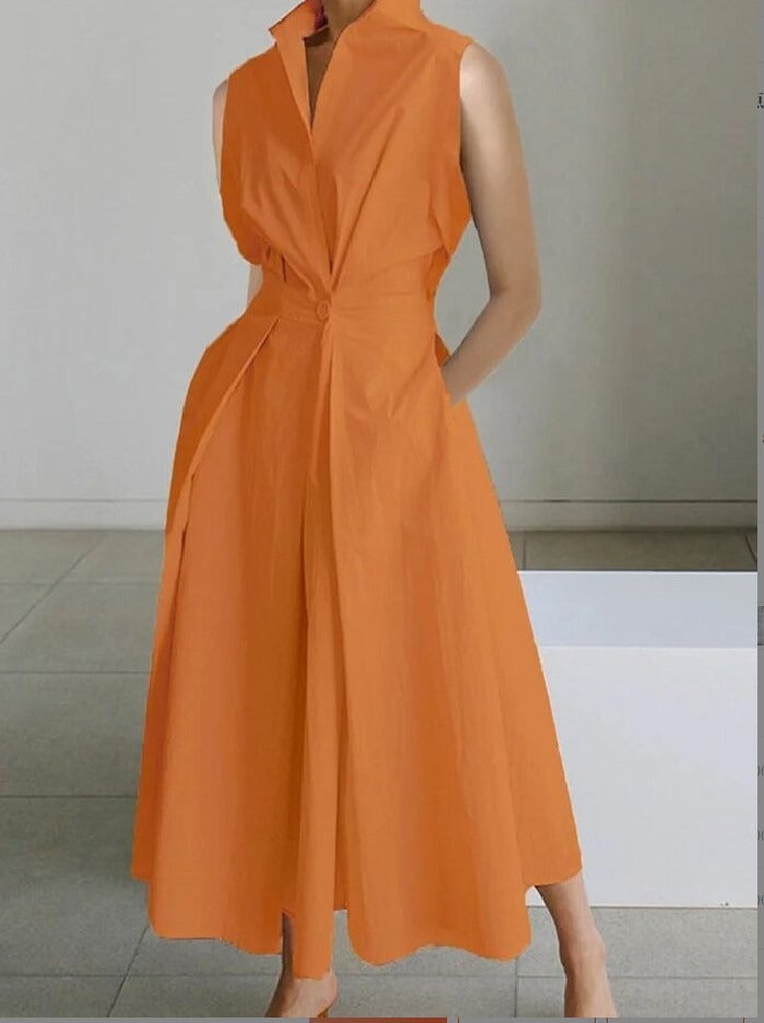 Commuter fashion solid color V-neck women's button up large hem dress - House of Cardwell