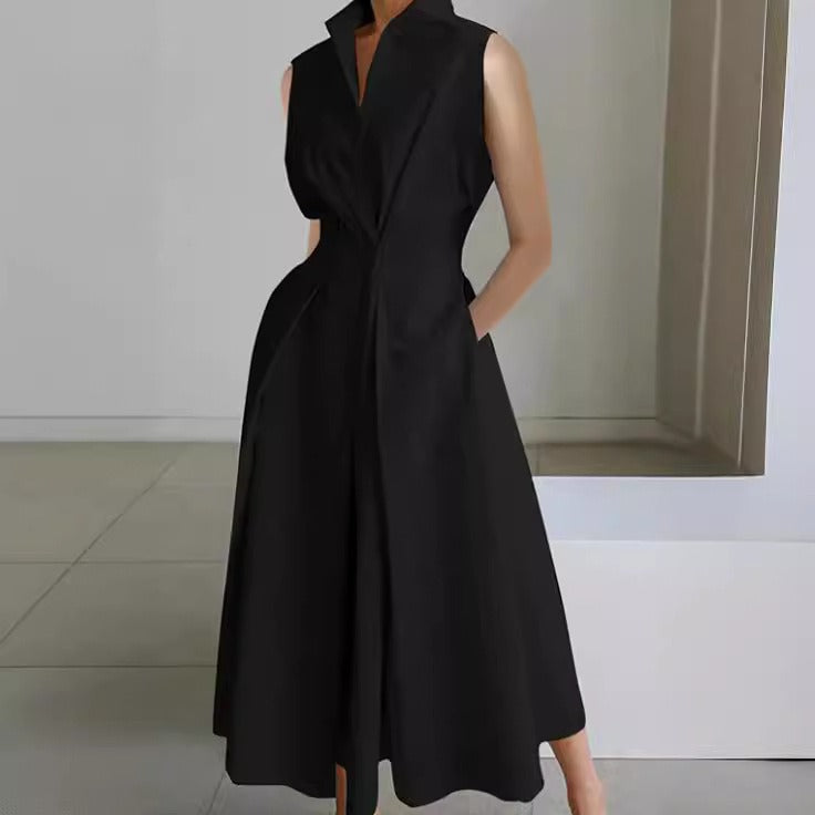 Commuter fashion solid color V-neck women's button up large hem dress - House of Cardwell
