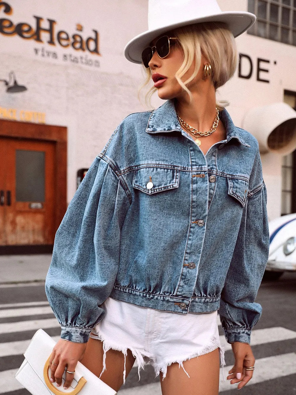 Collared Neck Dropped Shoulder Denim Top eprolo