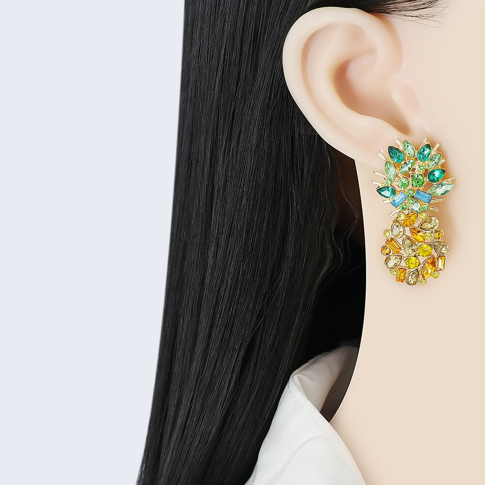 Fashionably Summer Yellow Gold Fruit Pineapple Crystal Pendant Earrings eprolo