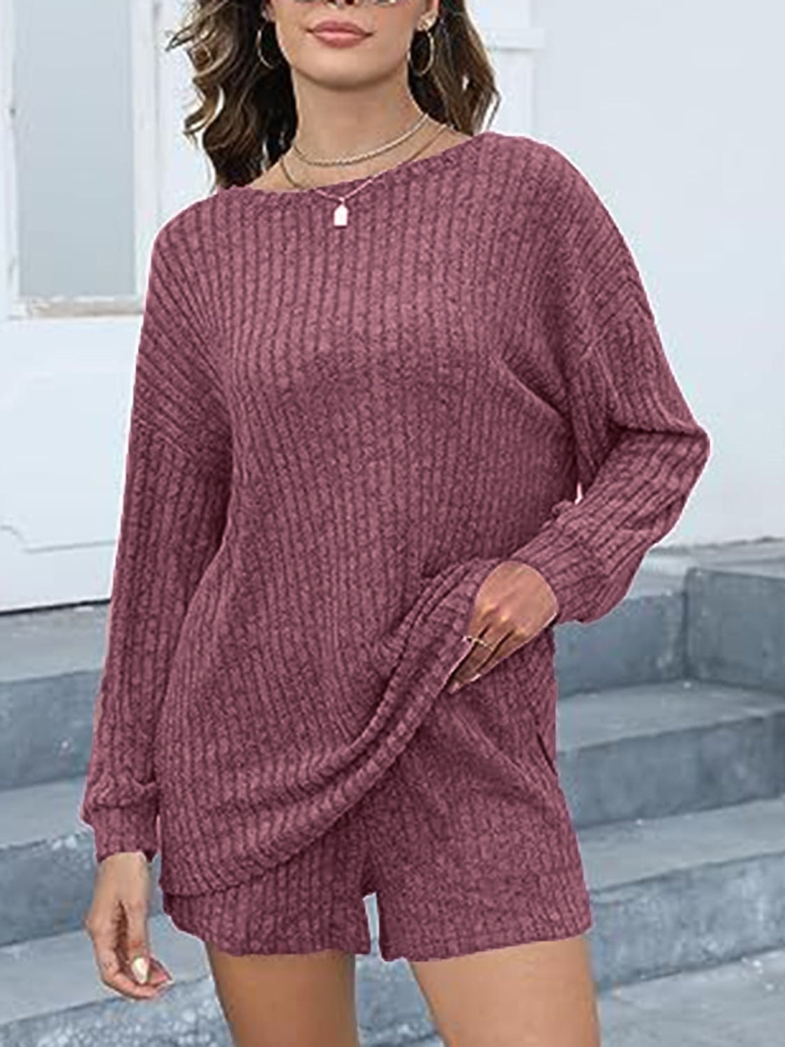 I Simply Love This! Comfy and Warm Round Neck Dropped Shoulder Top and Shorts Set Trendsi