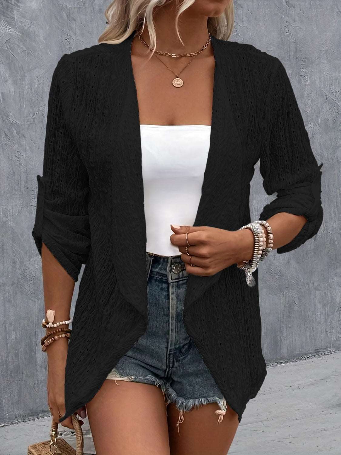 Eyelet Roll-Tab Sleeve Cardigan - House of Cardwell