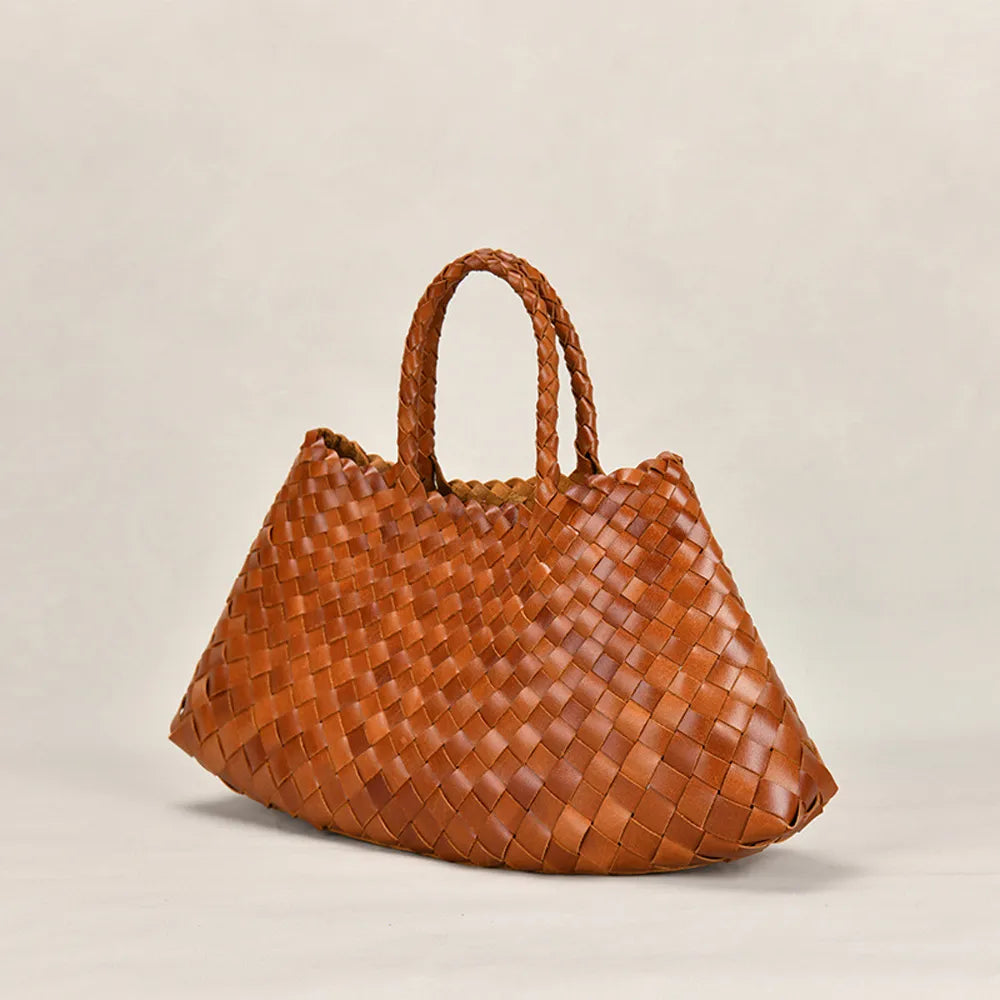 New Genune Leather Weave Hand Bags Tote Top Quality Women Basket Shopping Bags Handle Beach Hobos Handbag - House of Cardwell