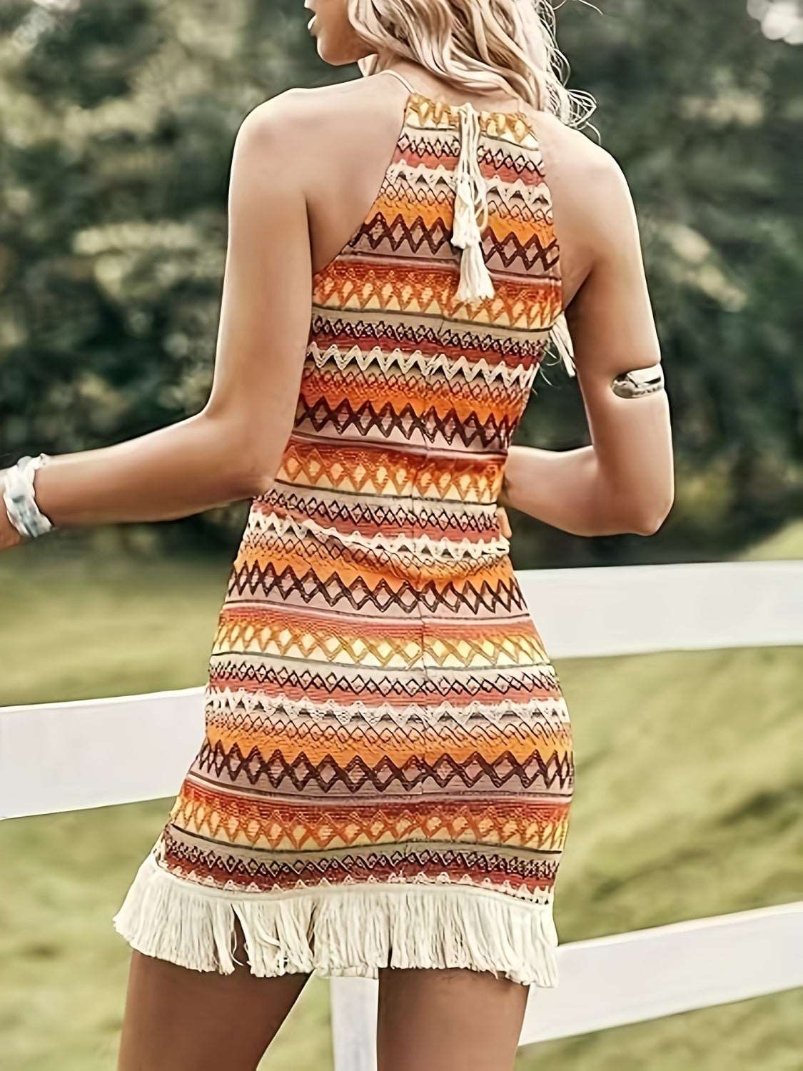 Full Size Fringe Grecian Neck Dress - House of Cardwell