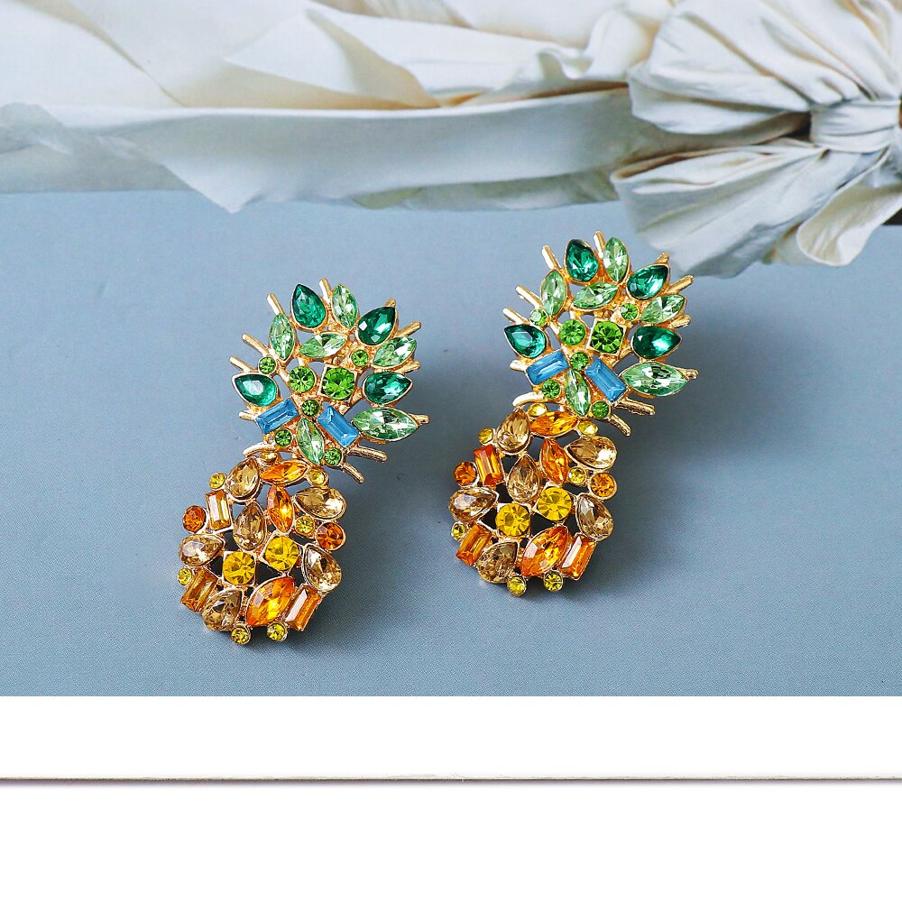 Fashionably Summer Yellow Gold Fruit Pineapple Crystal Pendant Earrings eprolo