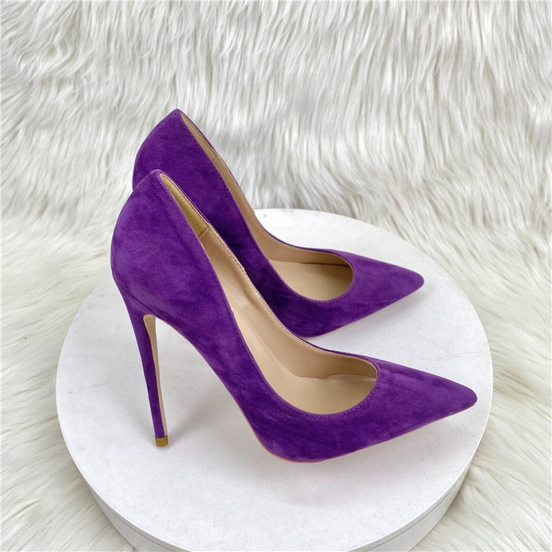 Purple suede high heels slim heels pointed toe shallow cut women's shoes - House of Cardwell