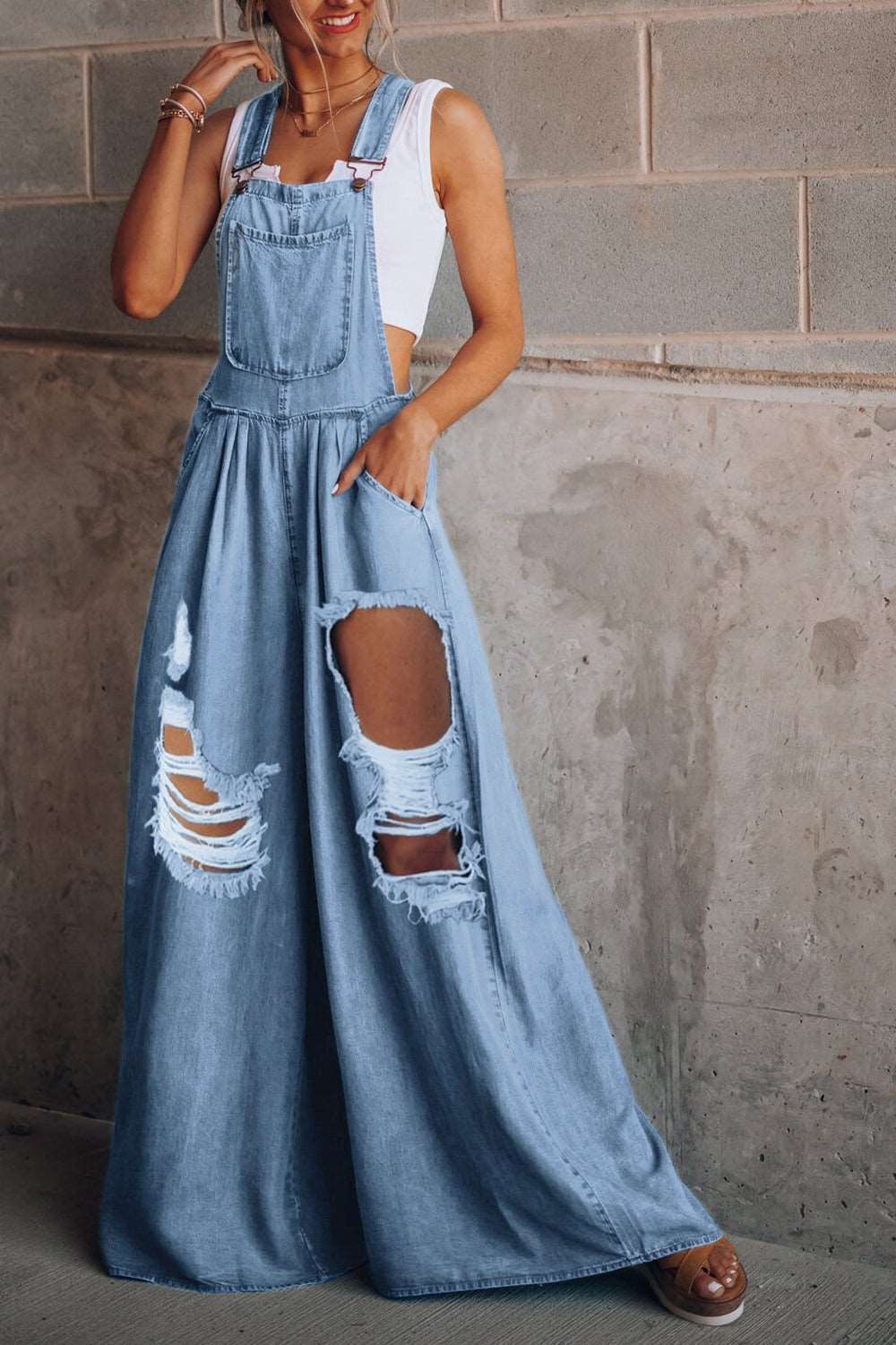 Distressed Wide Leg Denim Overalls - House of Cardwell