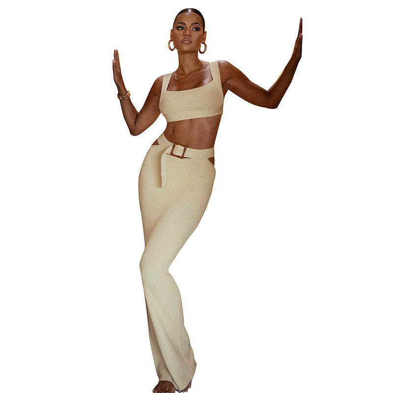 Beautiful long dress casual two-piece set, sexy buttocks, slimming suspender top, belt, temperament half skirt set - House of Cardwell