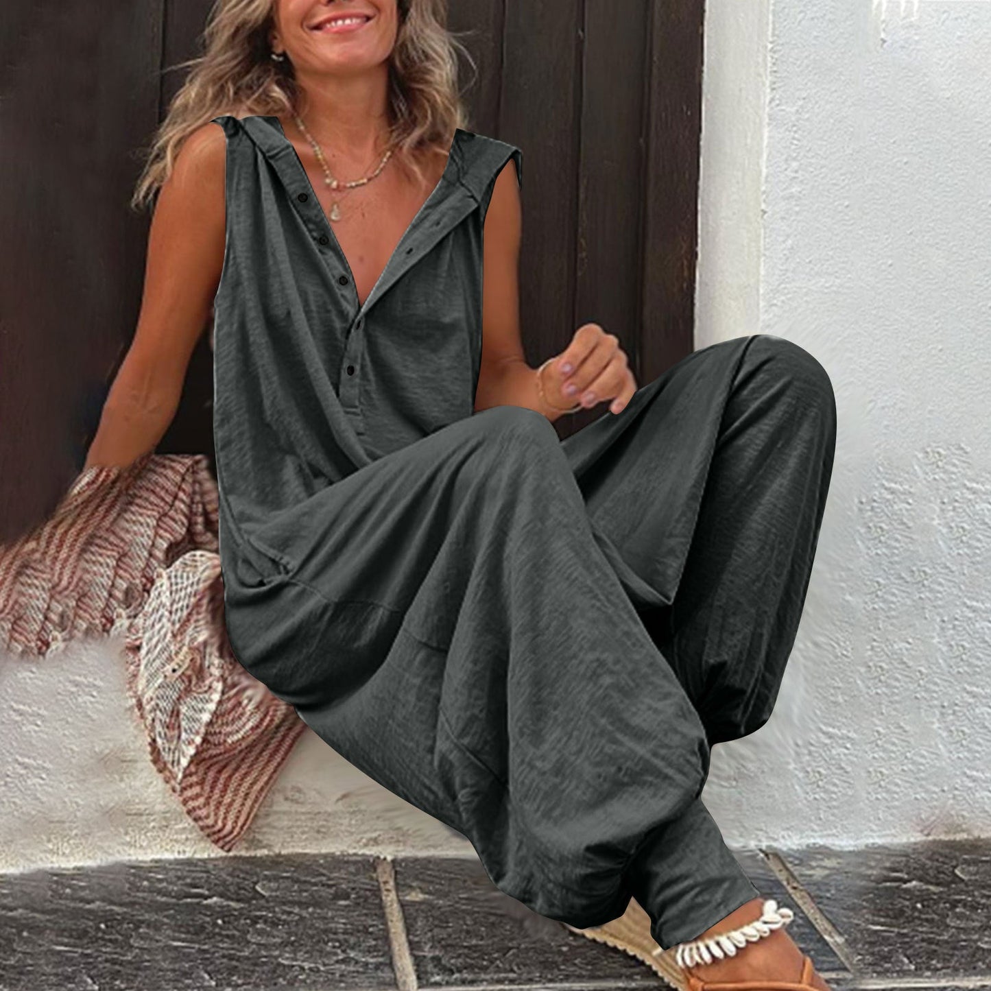 Let's Go! Buttoned Hooded Sleeveless Long Wide-Leg Pants Jumpsuit eprolo