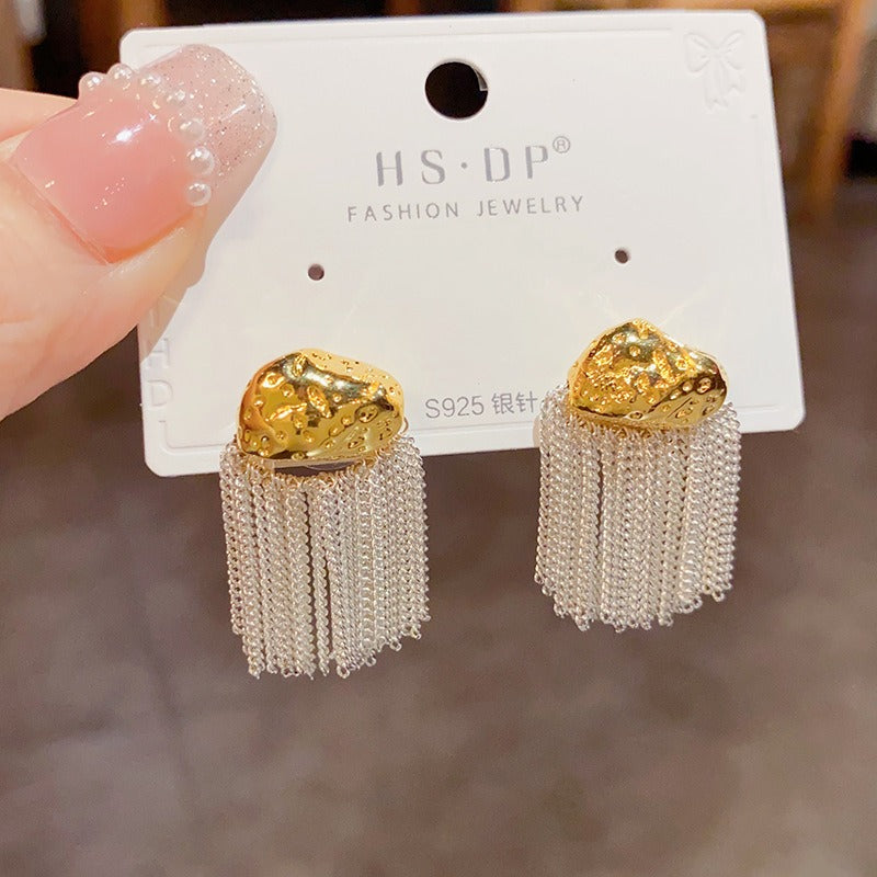 Light luxury personalized metal block tassel earrings, silver needles, fashionable and versatile temperament earrings - House of Cardwell