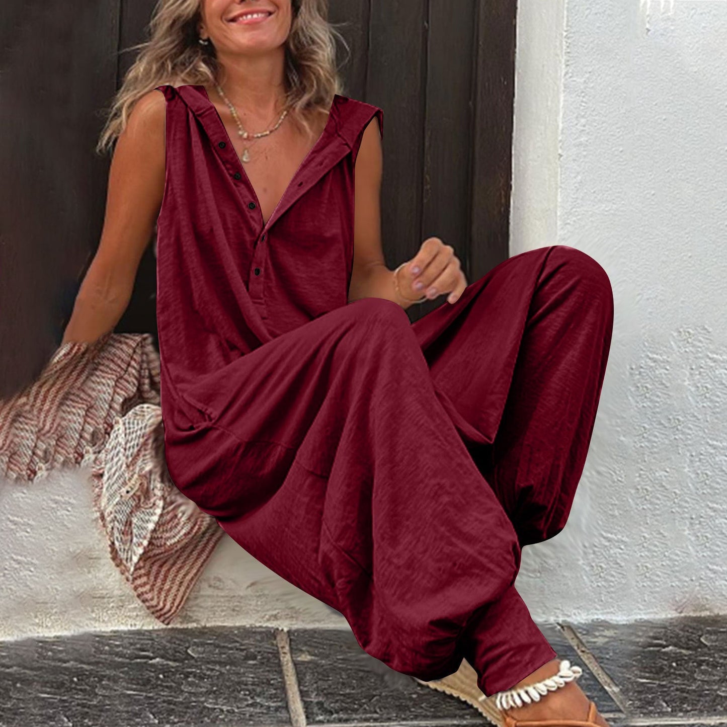 Let's Go! Buttoned Hooded Sleeveless Long Wide-Leg Pants Jumpsuit eprolo