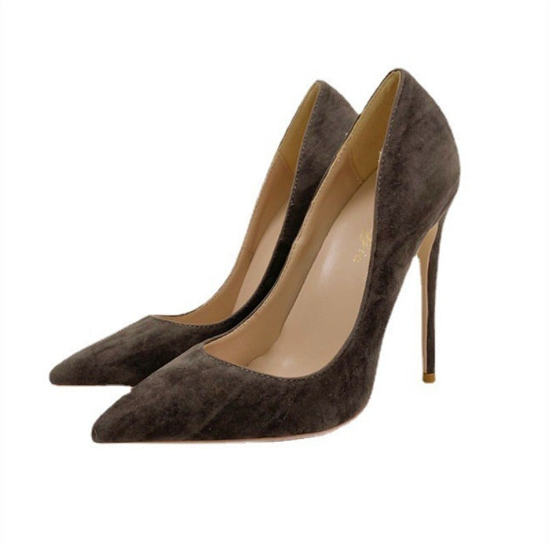Grey suede high heels new slim heeled pointed shallow cut women's shoes - House of Cardwell