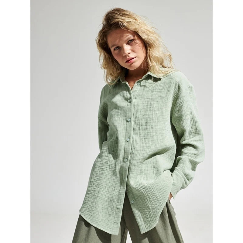 Long sleeved pure cotton crepe shirt loose fitting shirt shawl - House of Cardwell