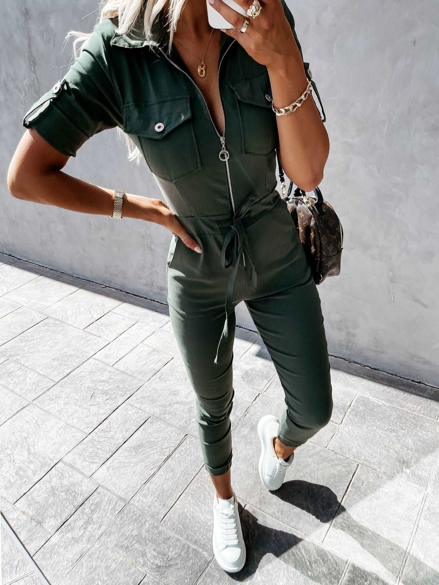 European and American women's casual temperament lapel zipper belt workwear jumpsuit - House of Cardwell