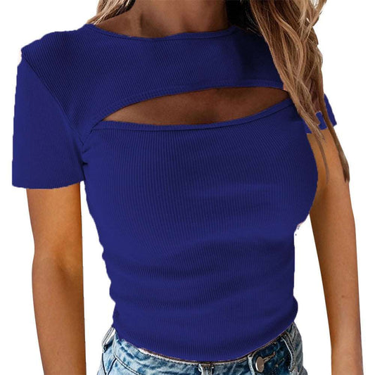 Fashionable chest hollow short sleeved ribbed top - House of Cardwell