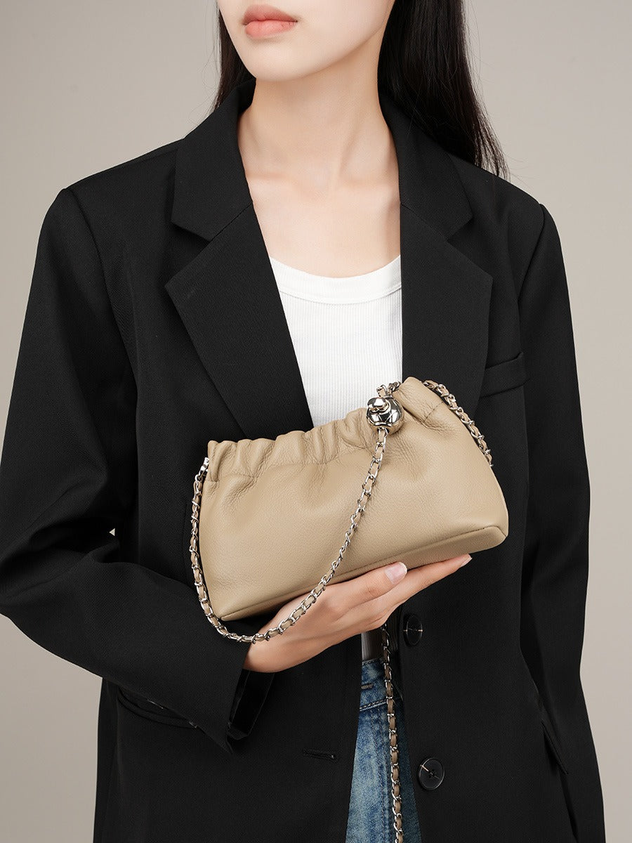 Popular chain women high end cloud pleated bag women bag cowhide shoulder crossbody bag gold ball chain - House of Cardwell
