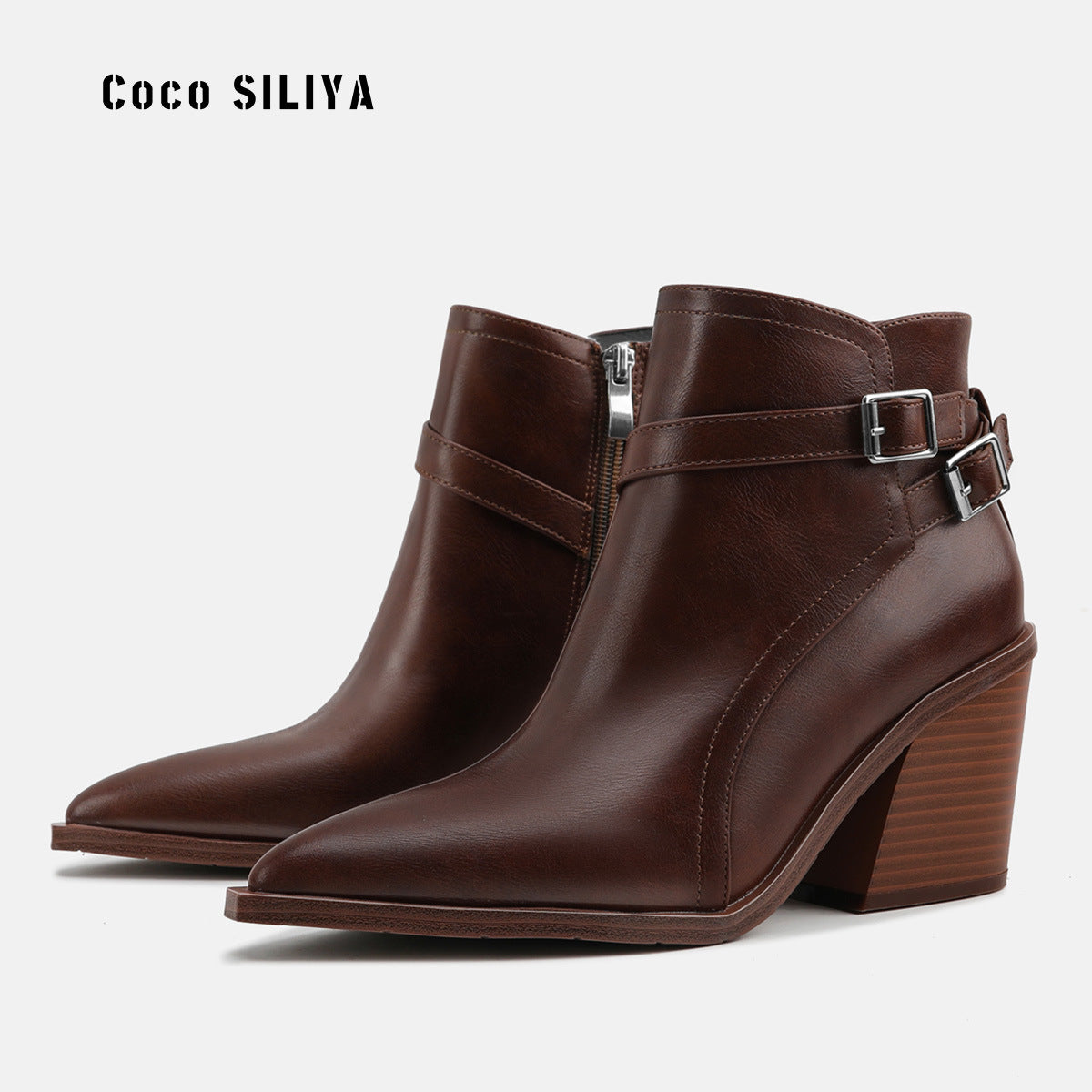 Short Boots Large Size Arrow Thick Heeled High Heeled Chelsea Female Short Boots British Style And Nude Boots - House of Cardwell