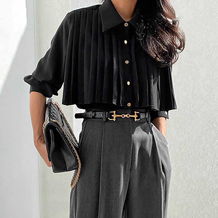 French Chiffon Pleated White Long Sleeve Commuting Professional Top eprolo