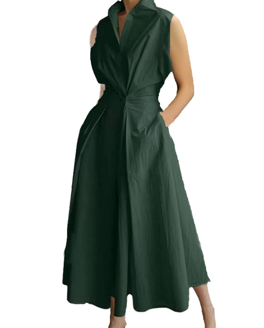 Commuter fashion solid color V-neck women's button up large hem dress - House of Cardwell
