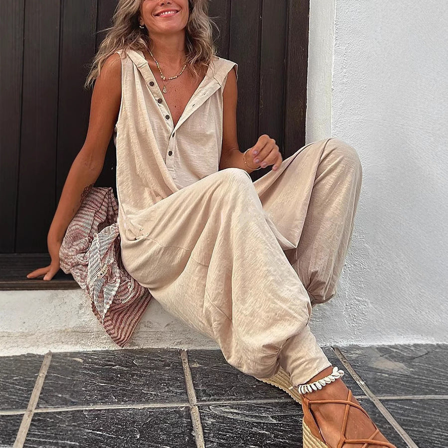 Let's Go! Buttoned Hooded Sleeveless Long Wide-Leg Pants Jumpsuit eprolo