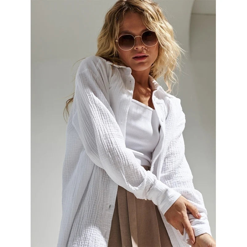 Long sleeved pure cotton crepe shirt loose fitting shirt shawl - House of Cardwell