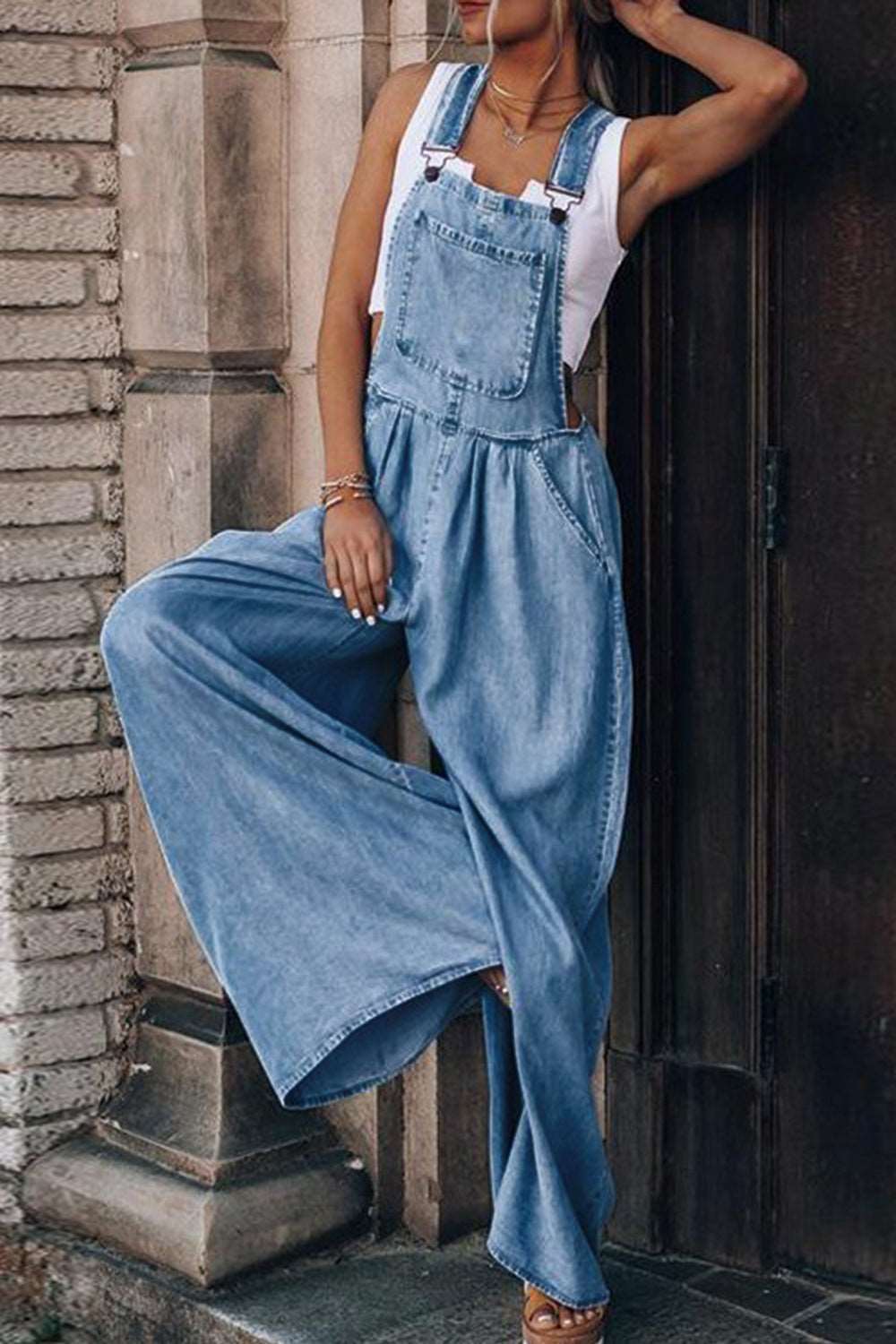 Distressed Wide Leg Denim Overalls - House of Cardwell