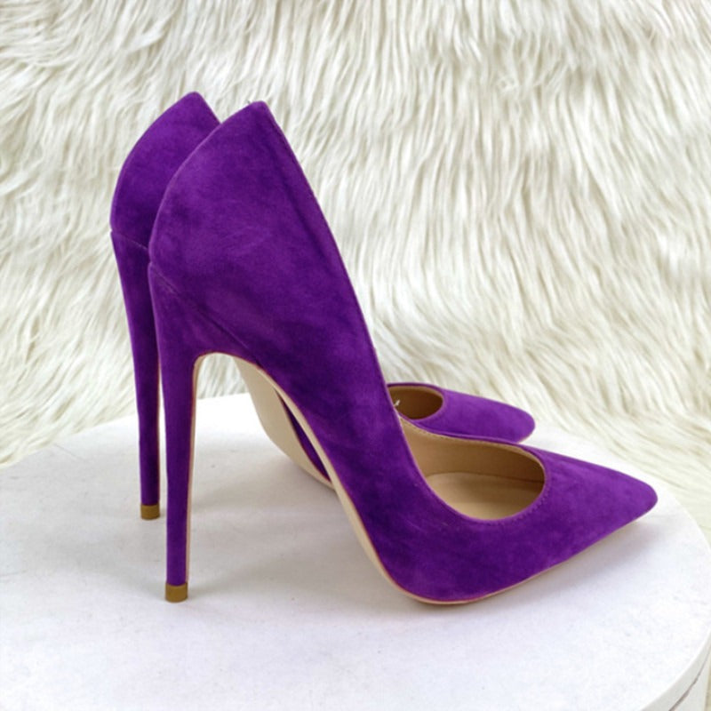 Purple suede high heels slim heels pointed toe shallow cut women's shoes - House of Cardwell