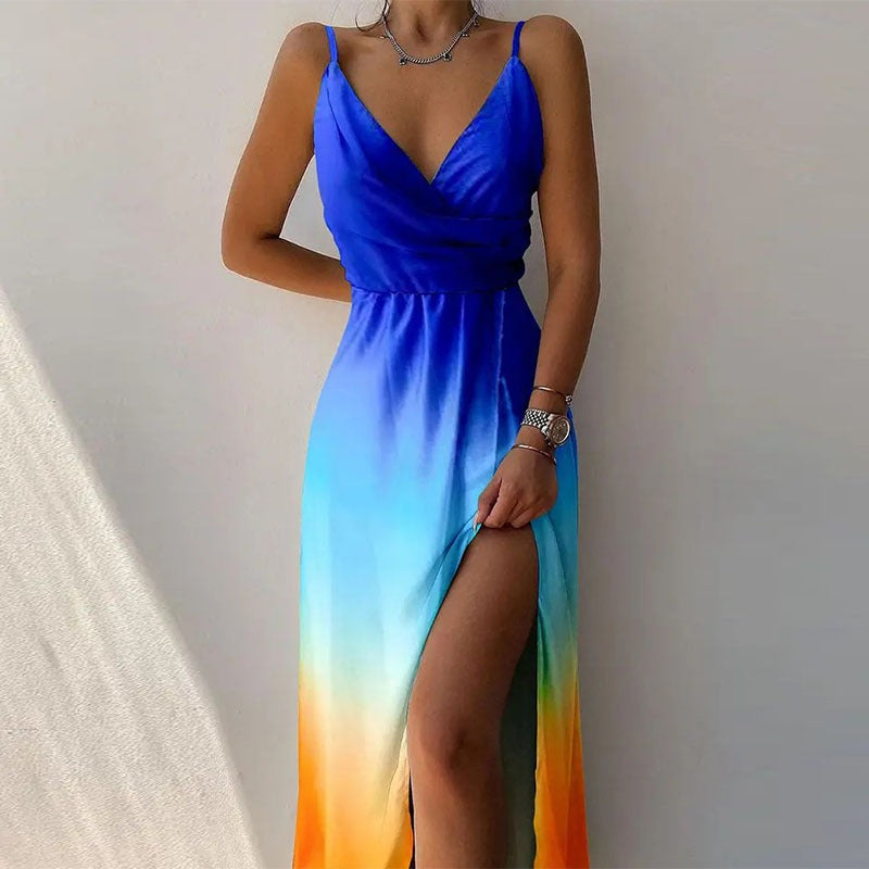 V-neck slit printed commuter dress with strap - House of Cardwell