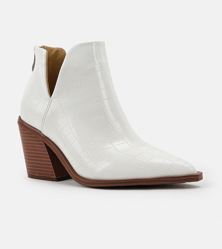 Pointed Toe Coarse Heel High Heel Short Boots Women's Back Zipper Crocodile Chelsea Nude Boots Large - House of Cardwell