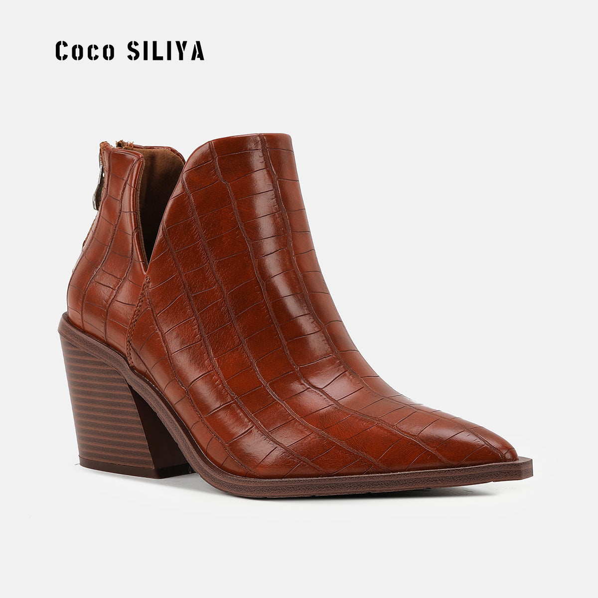 Pointed Toe Coarse Heel High Heel Short Boots Women's Back Zipper Crocodile Chelsea Nude Boots Large - House of Cardwell
