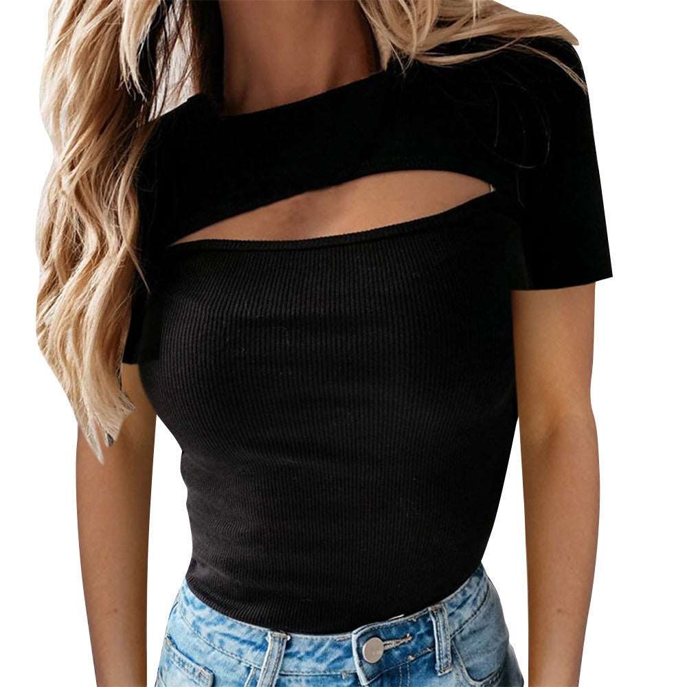 Fashionable chest hollow short sleeved ribbed top - House of Cardwell
