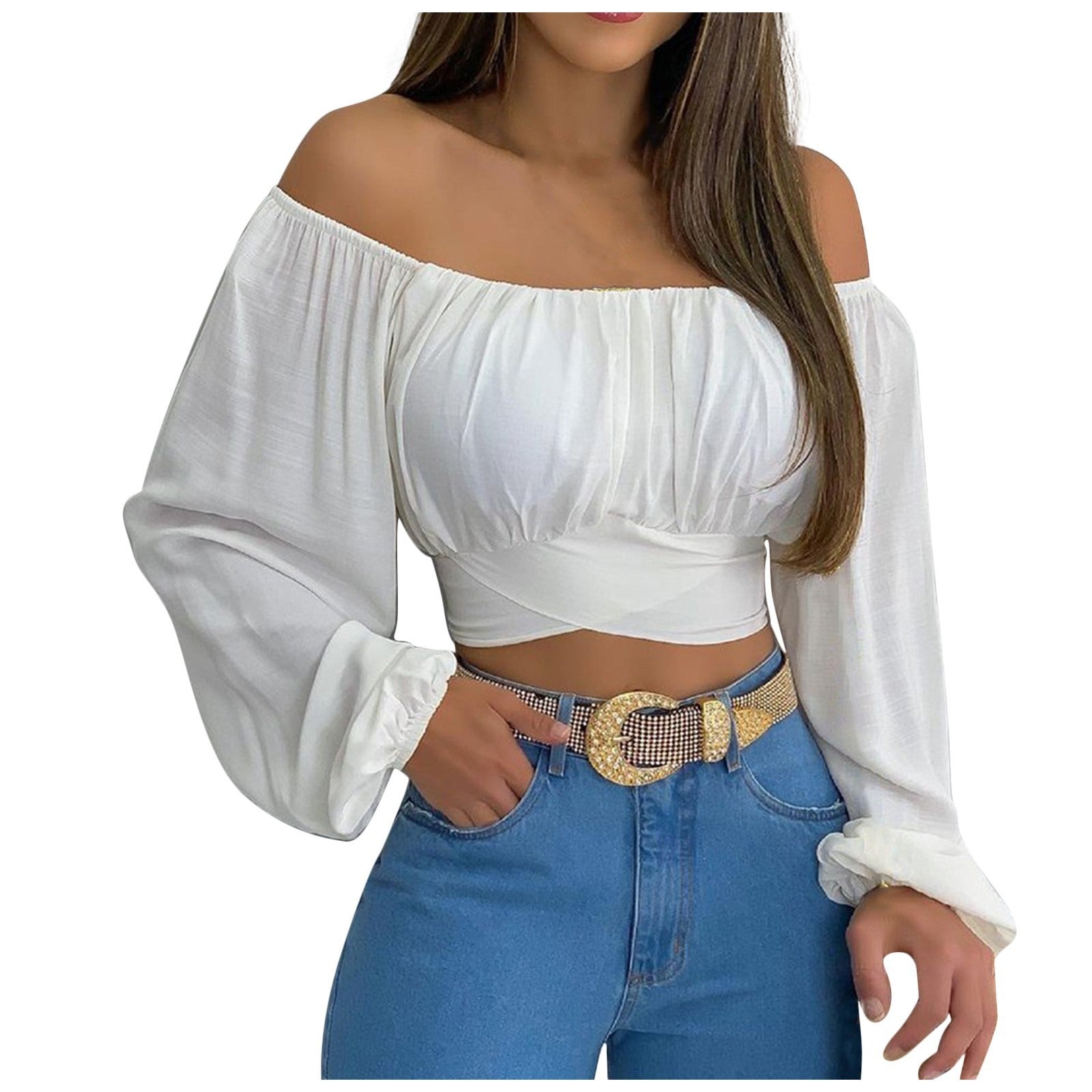 Hot Selling Women's Off Shoulder Cross Tie Long Sleeved Top eprolo