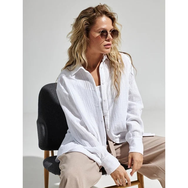 Long sleeved pure cotton crepe shirt loose fitting shirt shawl - House of Cardwell