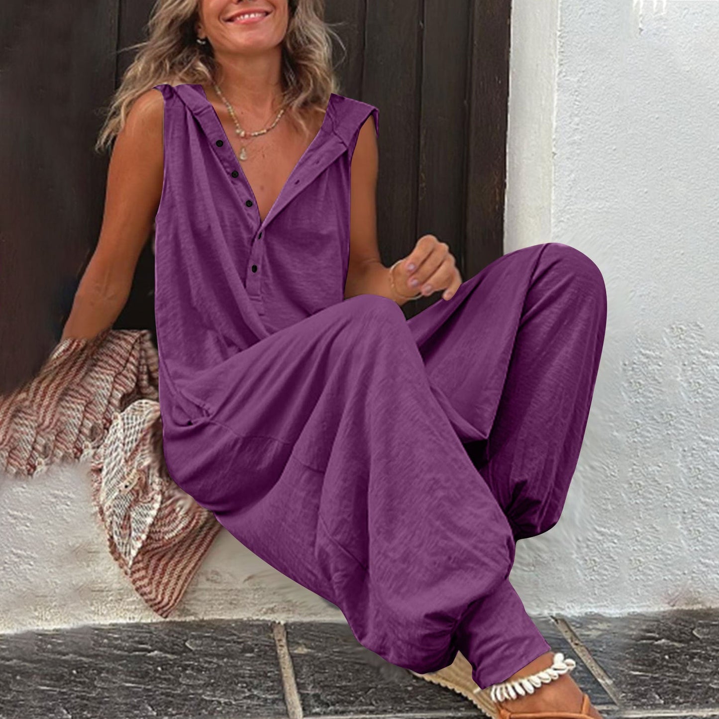 Let's Go! Buttoned Hooded Sleeveless Long Wide-Leg Pants Jumpsuit eprolo