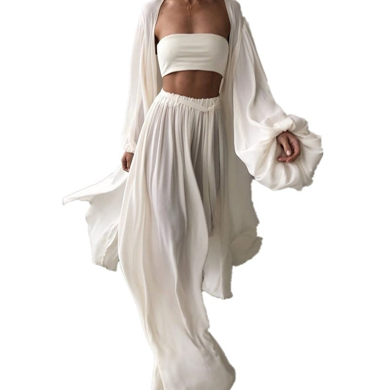 Loose Minimalist Three Piece Set For Women Slim Vest Lantern Long Sleeve Coat Wide Leg Pants Casual Sets Female - House of Cardwell