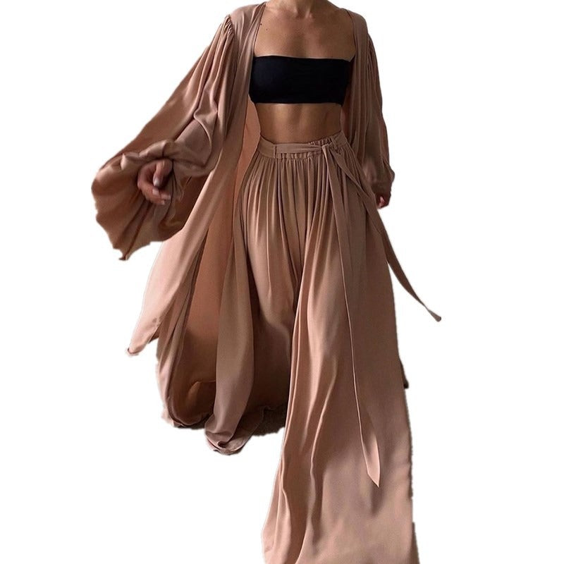 Loose Minimalist Three Piece Set For Women Slim Vest Lantern Long Sleeve Coat Wide Leg Pants Casual Sets Female - House of Cardwell