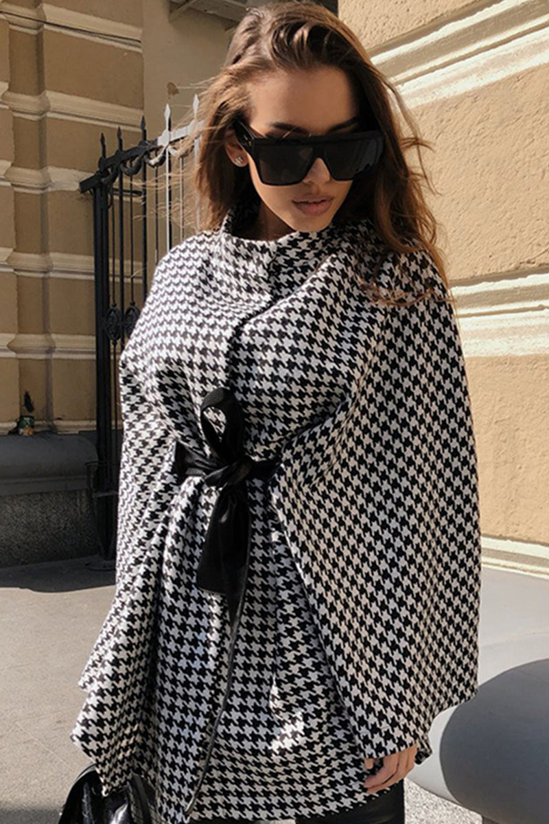 Houndstooth Tie Waist Trench Coat Trendsi