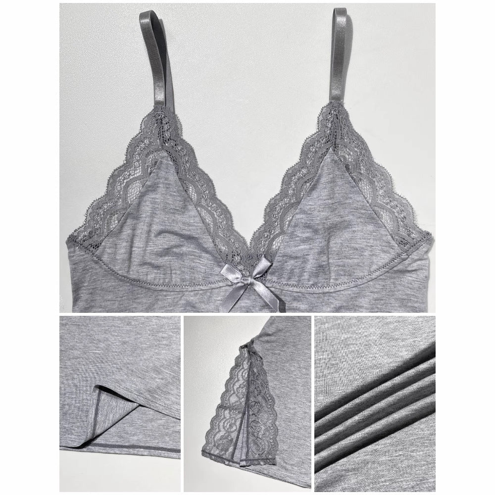 Hot Selling New Arrival -- Lace Splicing V-neck Side Slit Nightgown + Cover-up Two-piece Set eprolo