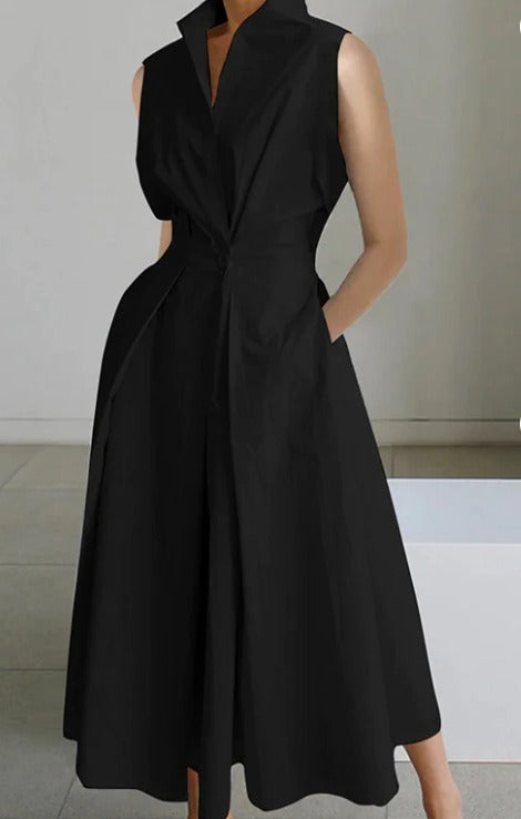 Commuter fashion solid color V-neck women's button up large hem dress - House of Cardwell