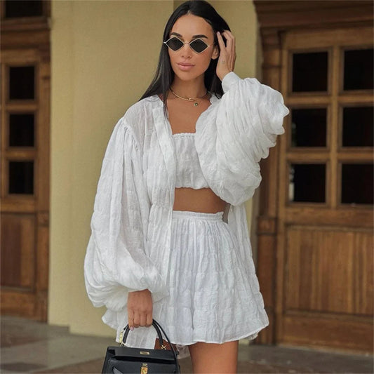 Lady Summer Soft Casual Lantern Sleeve Three Piece Outfit for women, stylish and comfortable summer outfit