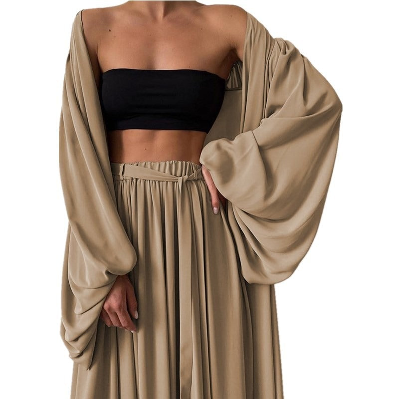 Loose Minimalist Three Piece Set For Women Slim Vest Lantern Long Sleeve Coat Wide Leg Pants Casual Sets Female - House of Cardwell