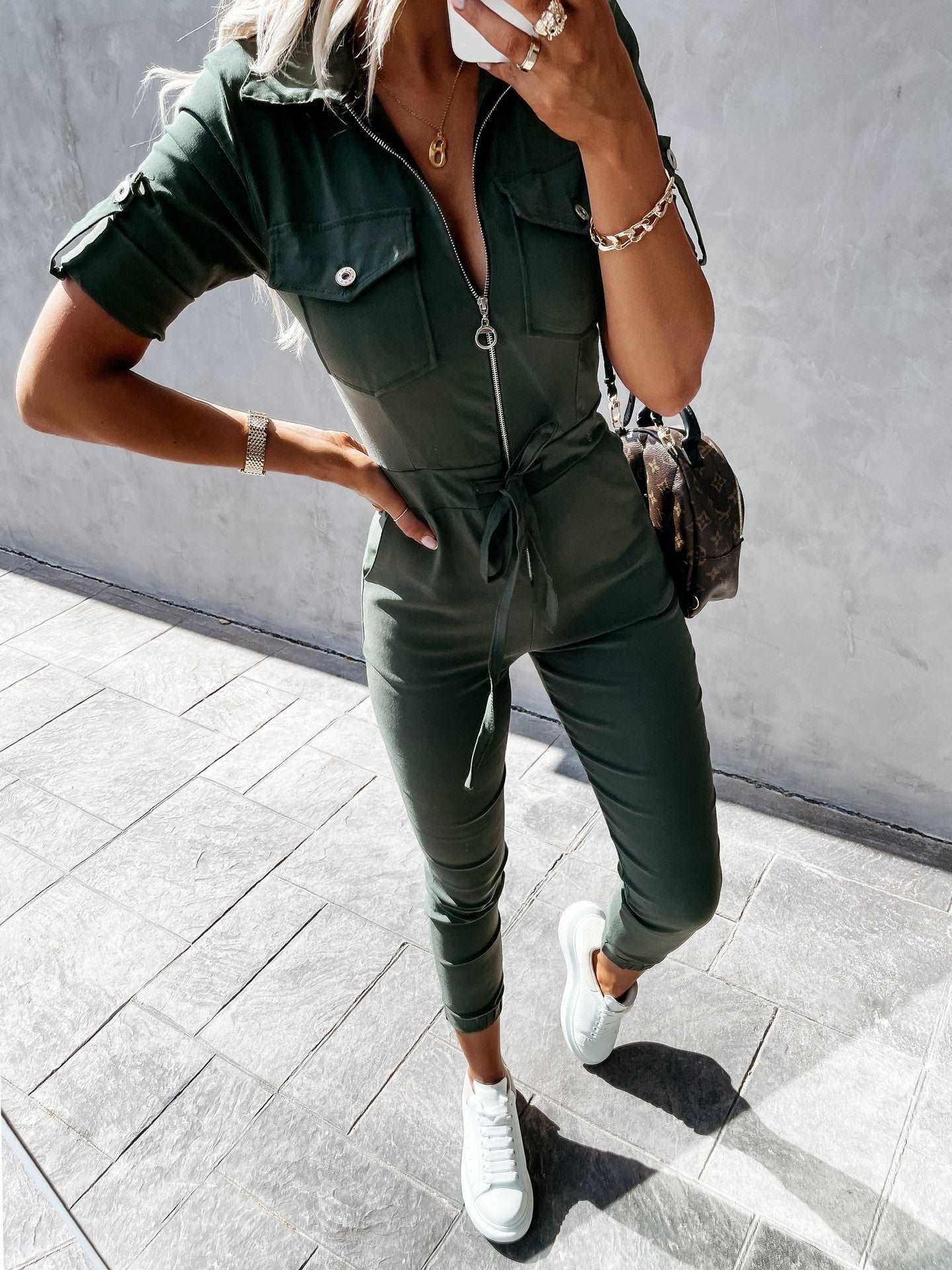 European and American women's casual temperament lapel zipper belt workwear jumpsuit - House of Cardwell