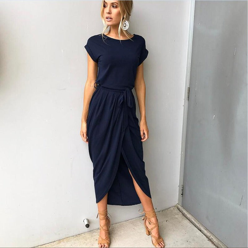 Fashionable short sleeved front slit irregular short sleeved slim fit dress - House of Cardwell
