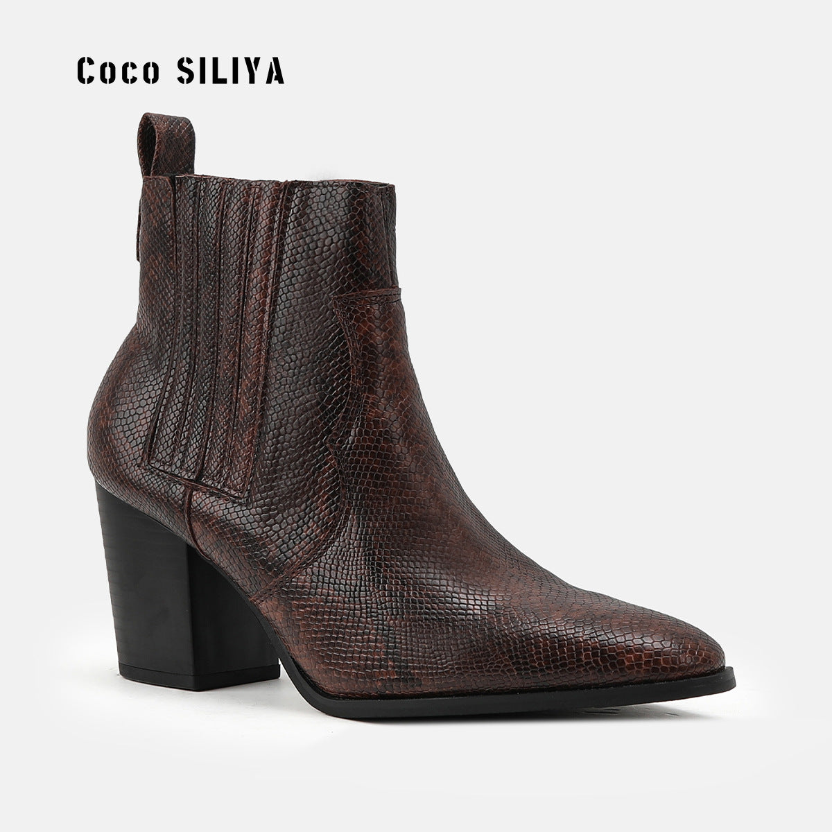 Large Size Short Boots British Style Martin Boots Thick With High Heel Pointed And Naked Boots Snakeskin Pattern - House of Cardwell
